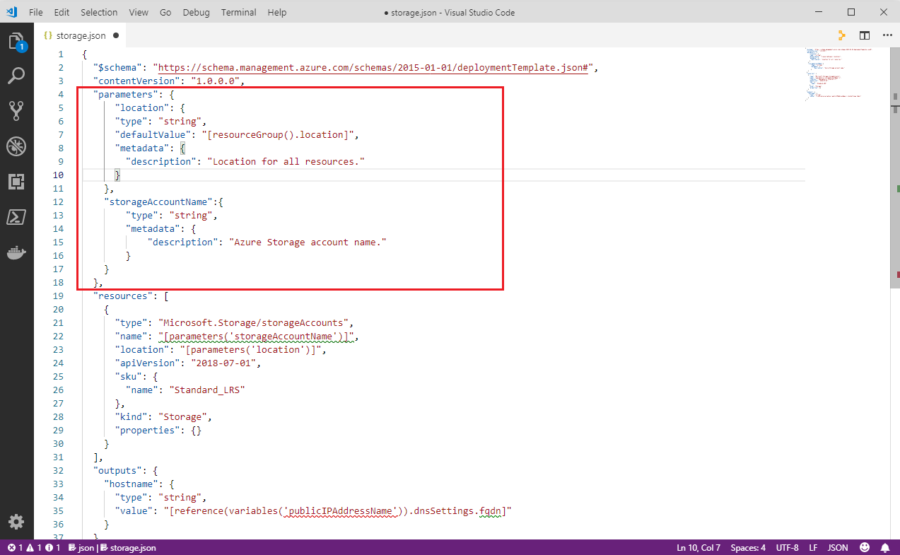 Screenshot of Visual Studio Code with the storage.json template open with the parameters section highlighted.